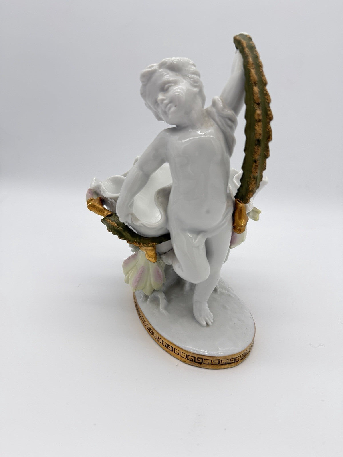 Antique Moore Bros White/Gold Trim Orchid Porcelain Putti Cherub Bowl Sculpture