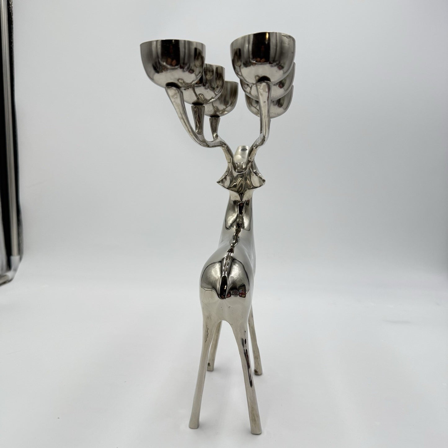 Pottery Barn Reindeer Silver Tone Holiday Votive Candelabra 12”x 7” Candle Holde