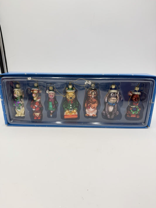 Disney Store Pooh Family Hand Blown Art Glass Ornaments Set 7 Christmas W/box