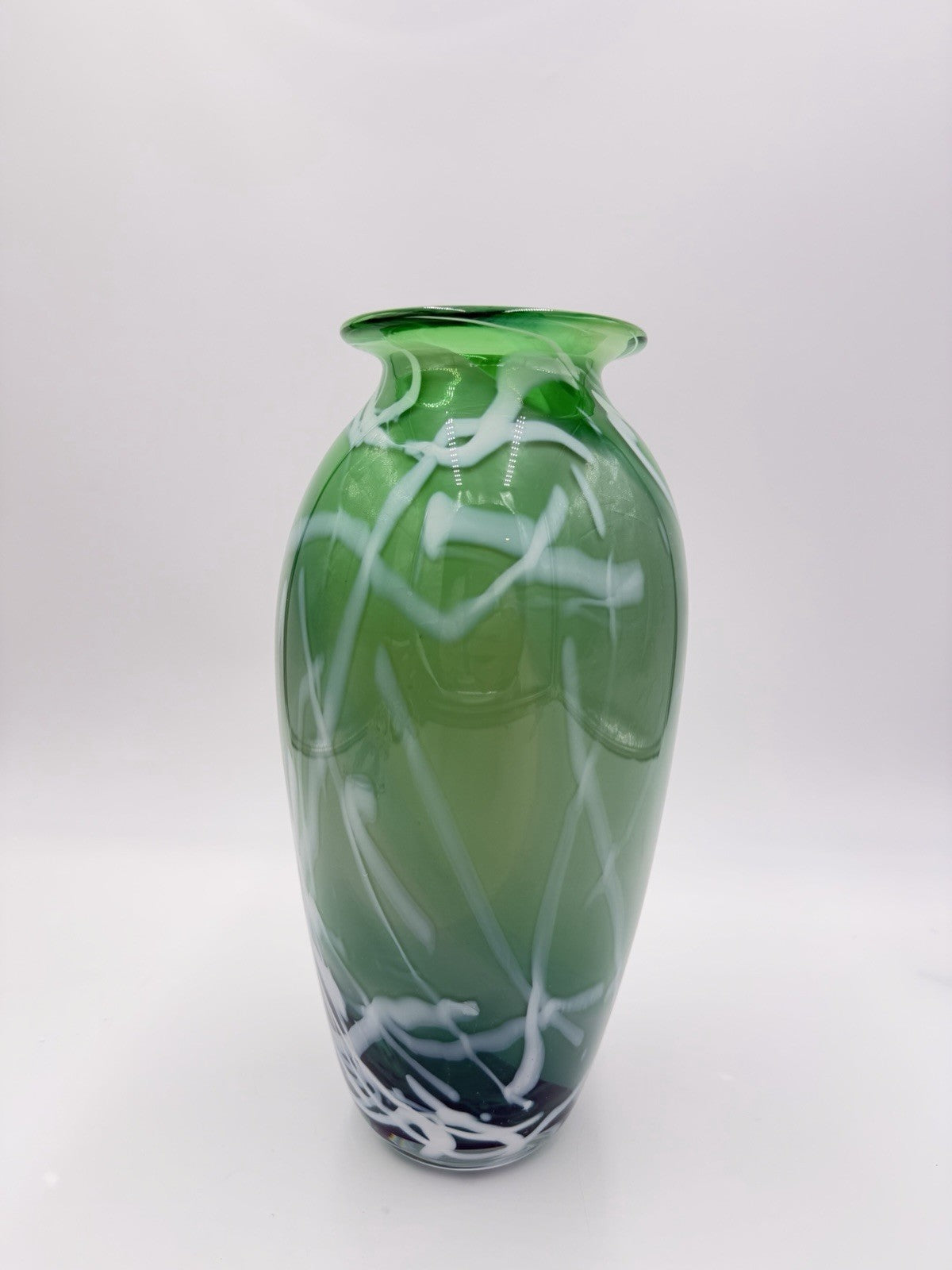 Rare Vintage James Kingwell Ice Fire Art Glass Green Large 11” Vase Signed