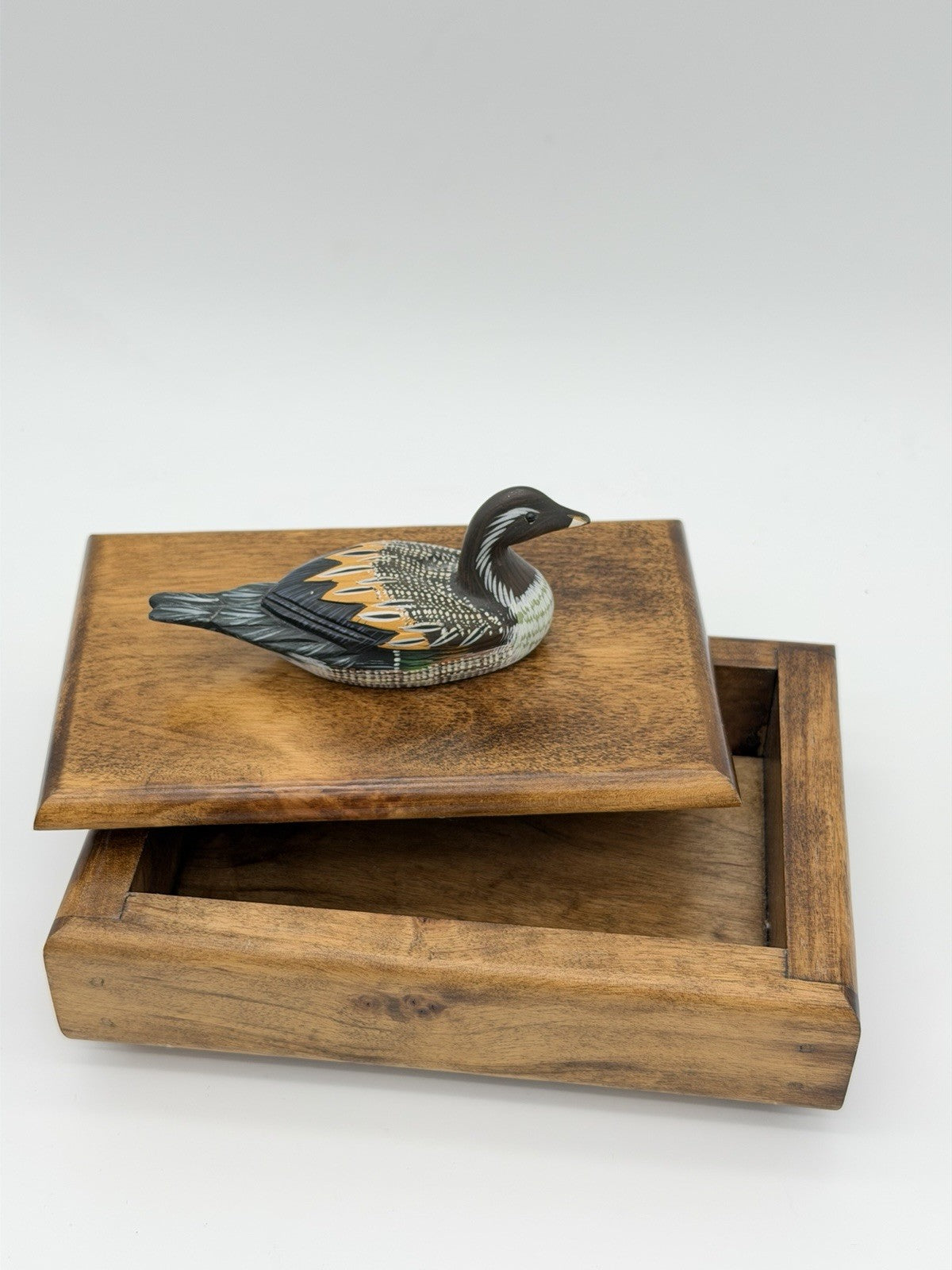 Folk Art Handmade Wooden Duck Decoy On It Trinket Box Vintage Solid