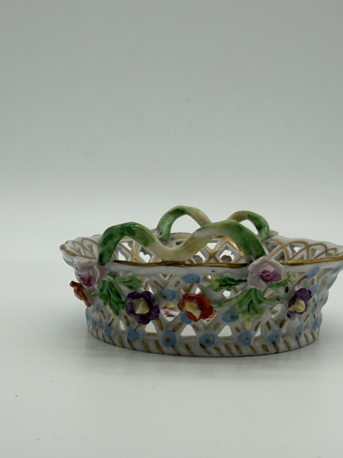 Antique Dresden Carl Thieme Pierced Reticulated Porcelain Floral Basket Dish Min