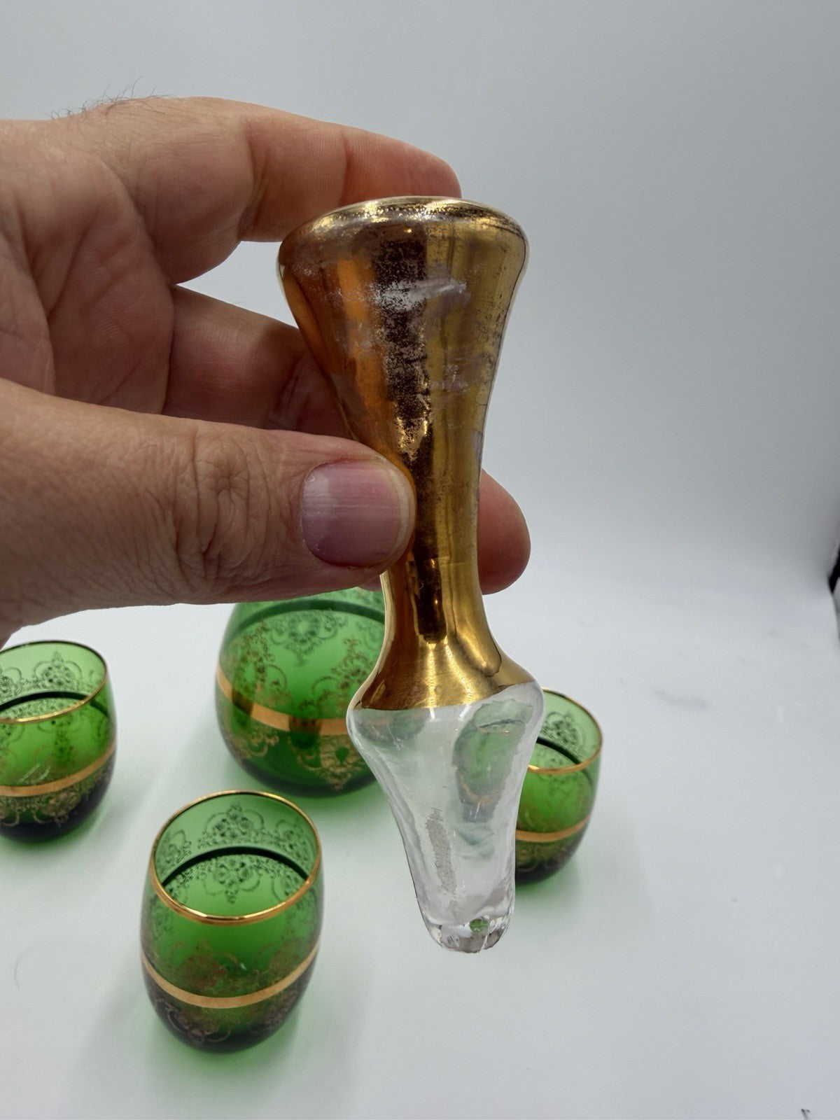 Vintage Murano Art Glass Italy Ferro & Lazzarini Decanter Set Green Emerald 4 Pc