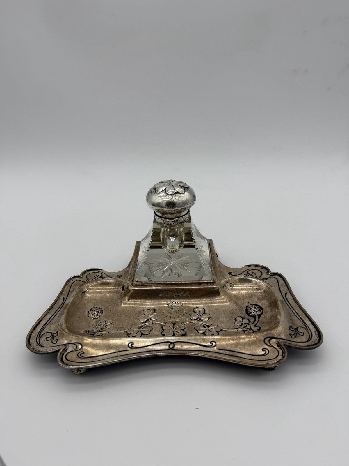 Antique Brass Art Nouveau Writing Desk  w/ Cut Glass Inkwell Embossed Shamrock