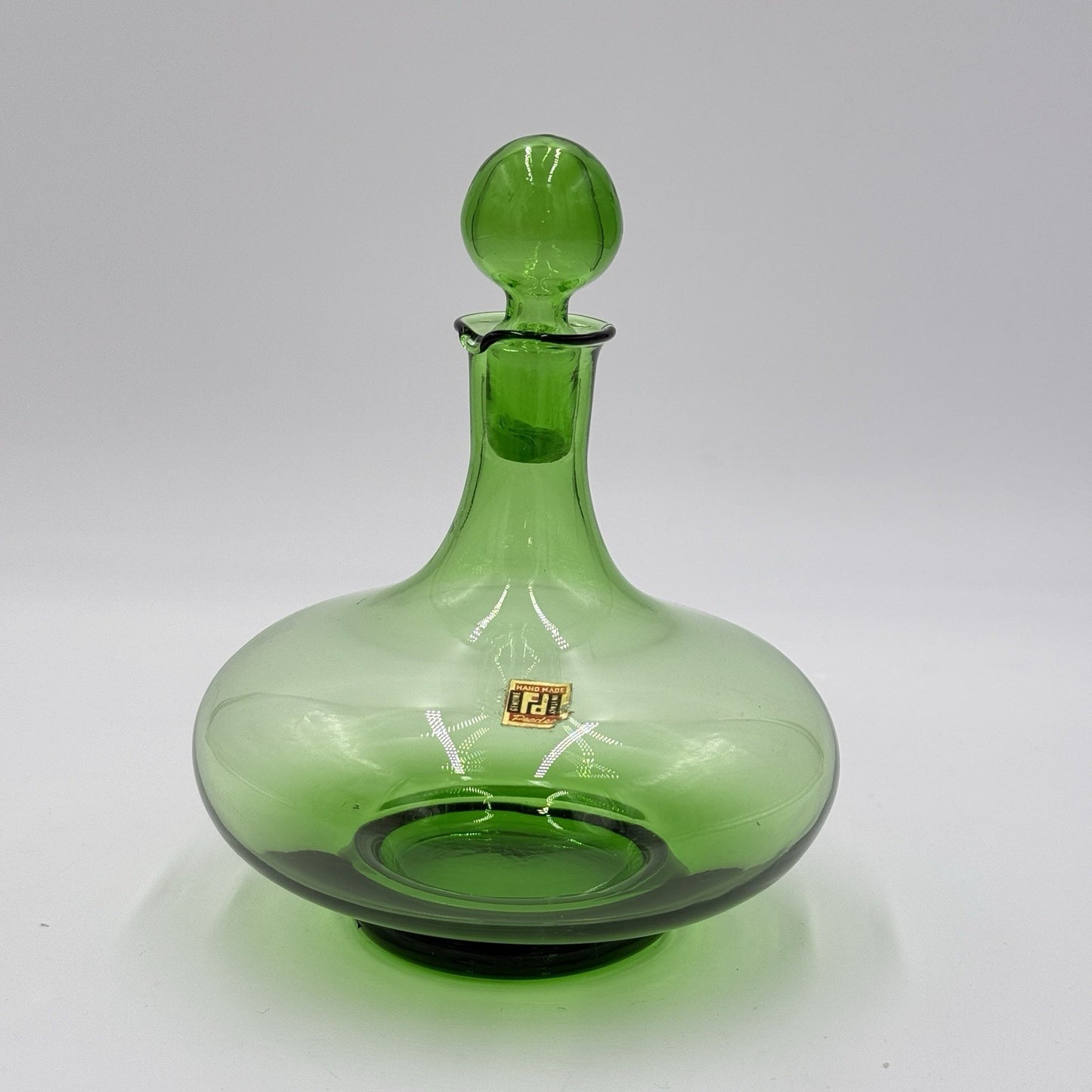 MCM Peedee Art Glass Green Decanter Italy 7” W/stopper Wayne Husted of Blenko