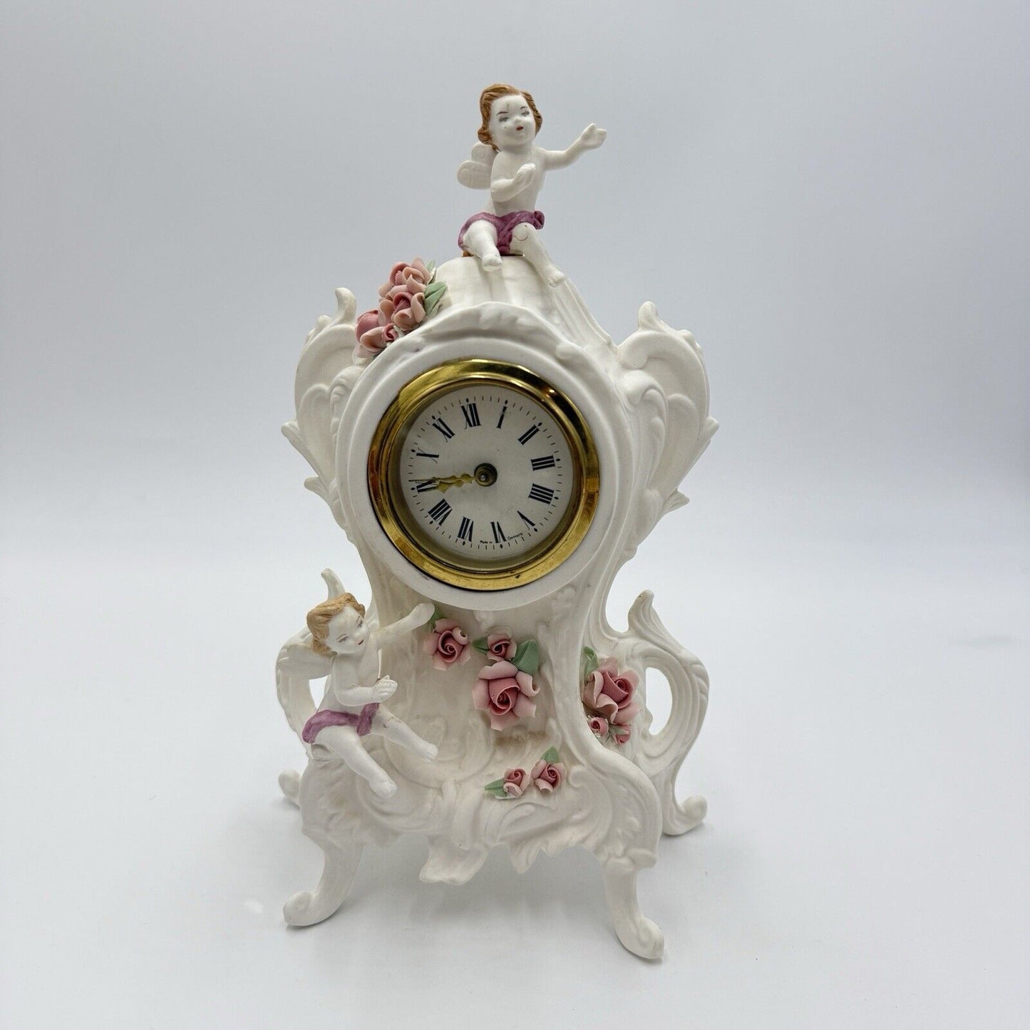 Vintage 1955 Louis Pierlot German Ceramic W/ Brass Mechanism WindUp Clock 9”