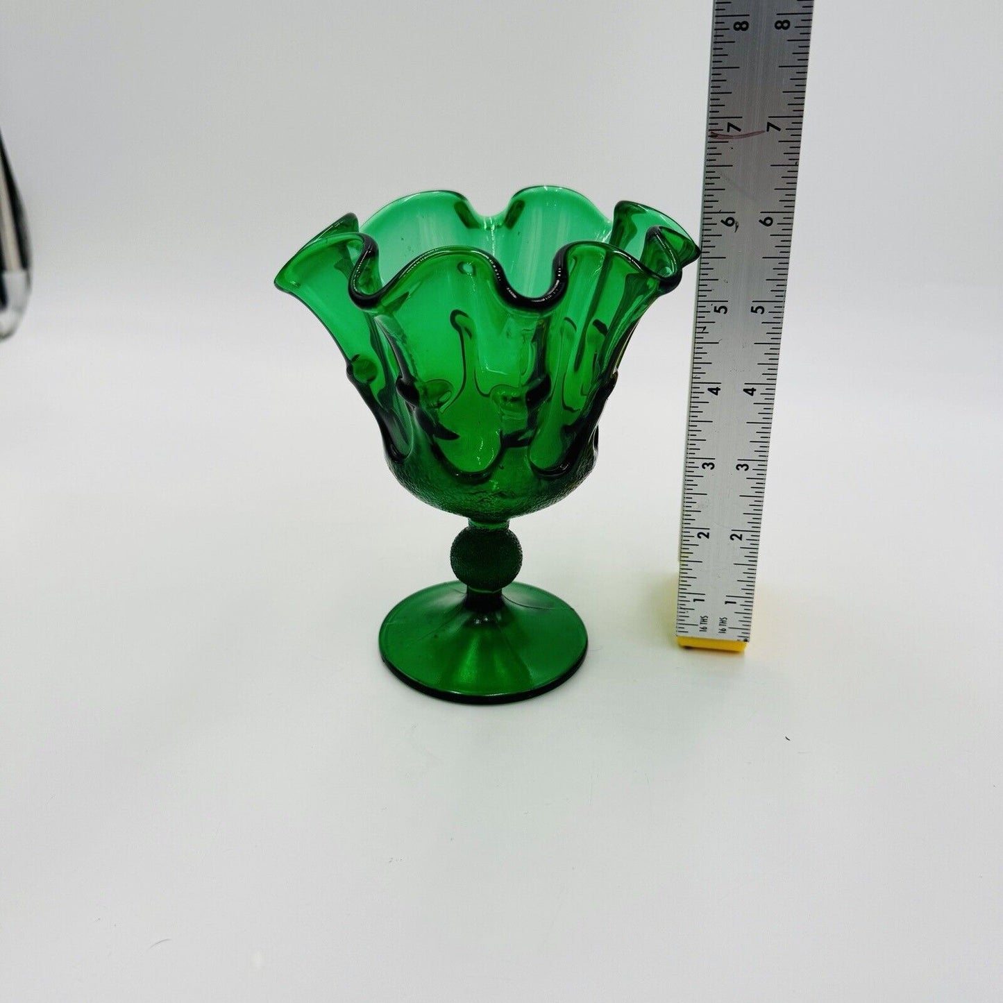 MCM Stelvia Emerald Green Art Glass Ruffled Compote Wayne Husted 6in