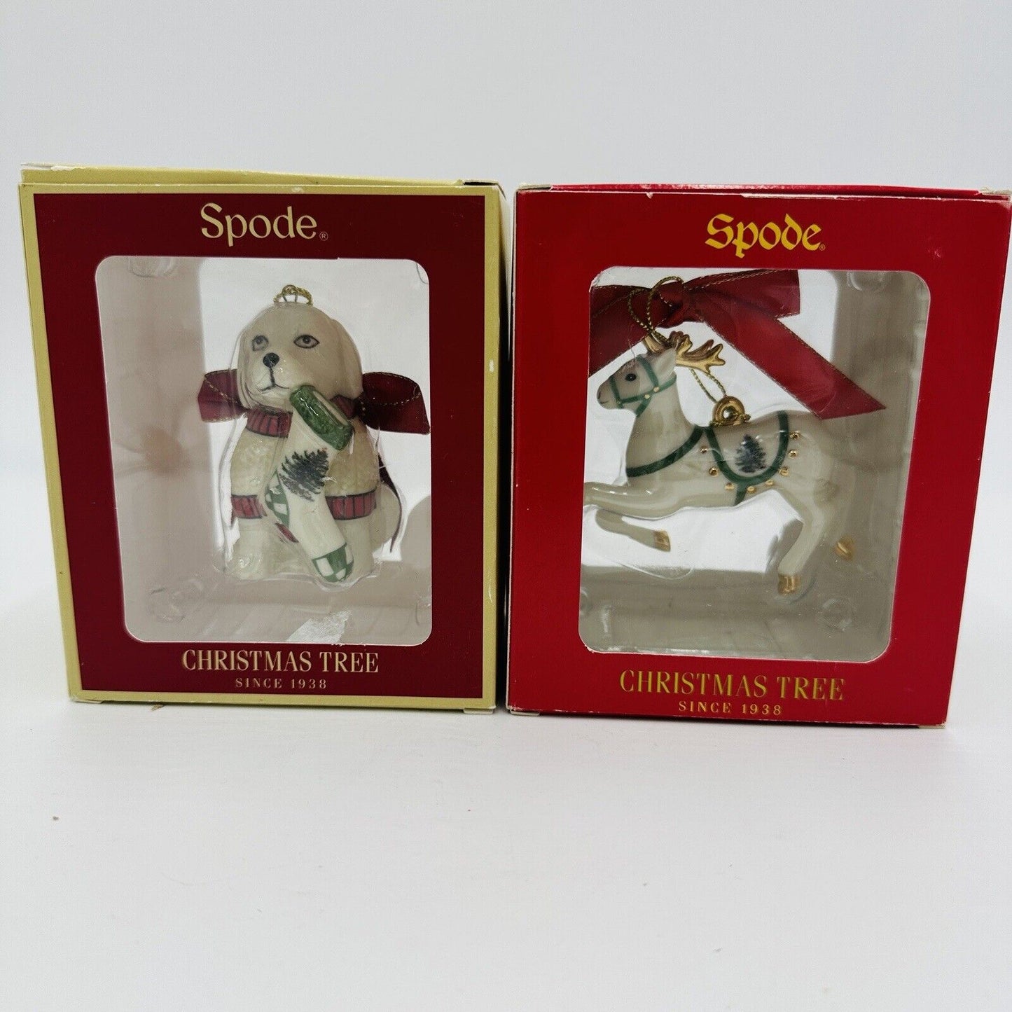 Spode Ornaments Dog and Deer Figurines Set 2 Pieces Holiday Tree Christmas Box