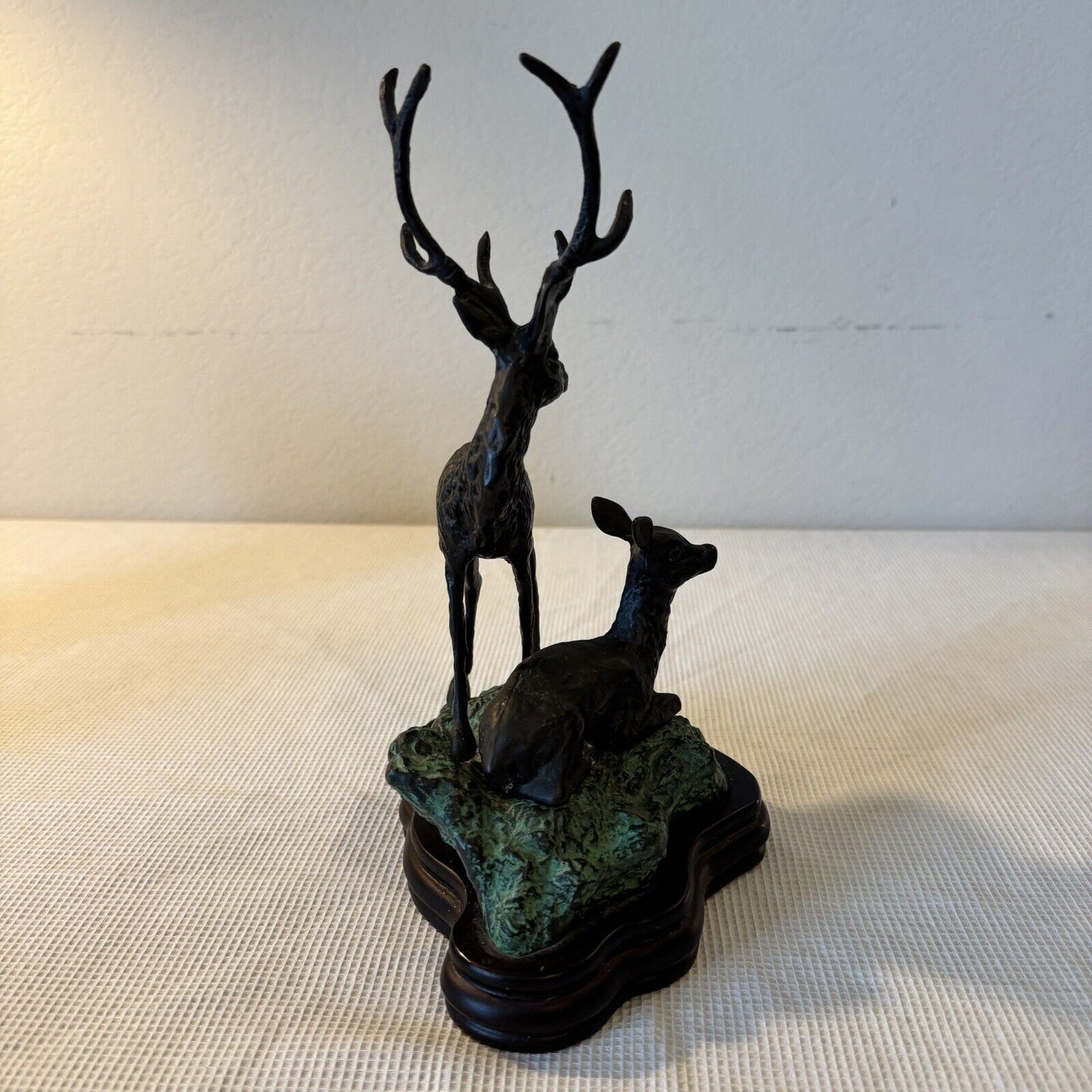 Bronze Sculpture Deer Stag Buck with Doe on Wood Base 10in Tall Natural Pose