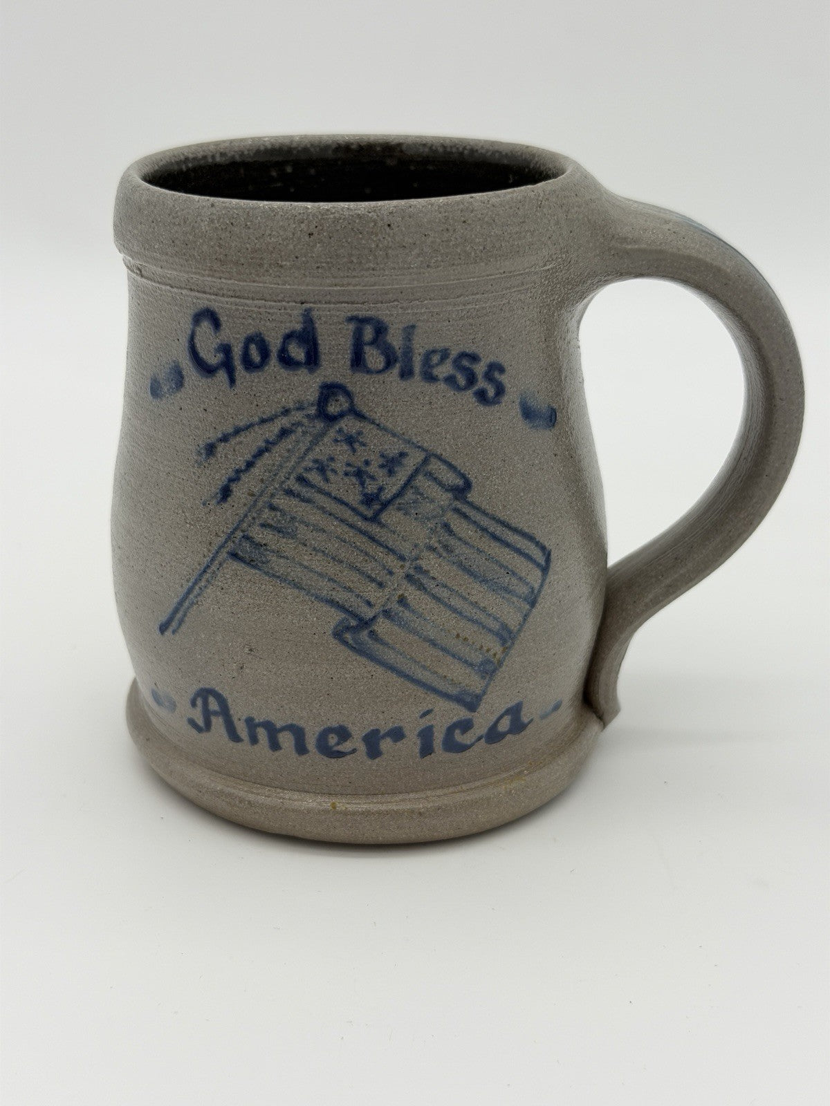 Rowe Pottery Salt Glazed God Bless America Coffee Mug American Flag Patriotic