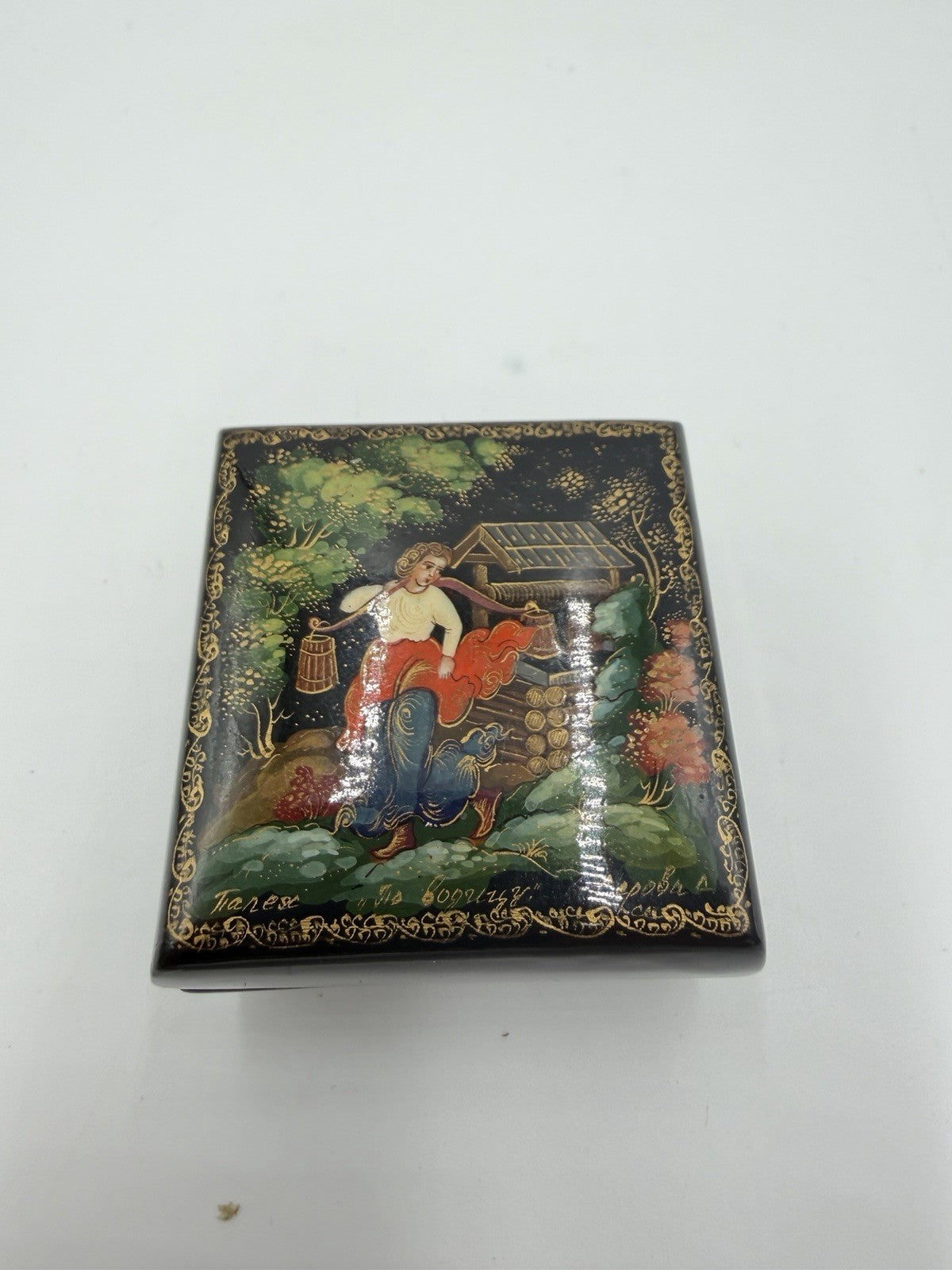 Folk Art Russian Wood Lacquer Box 80s Handpainted Fairy Tale Woman in the Well