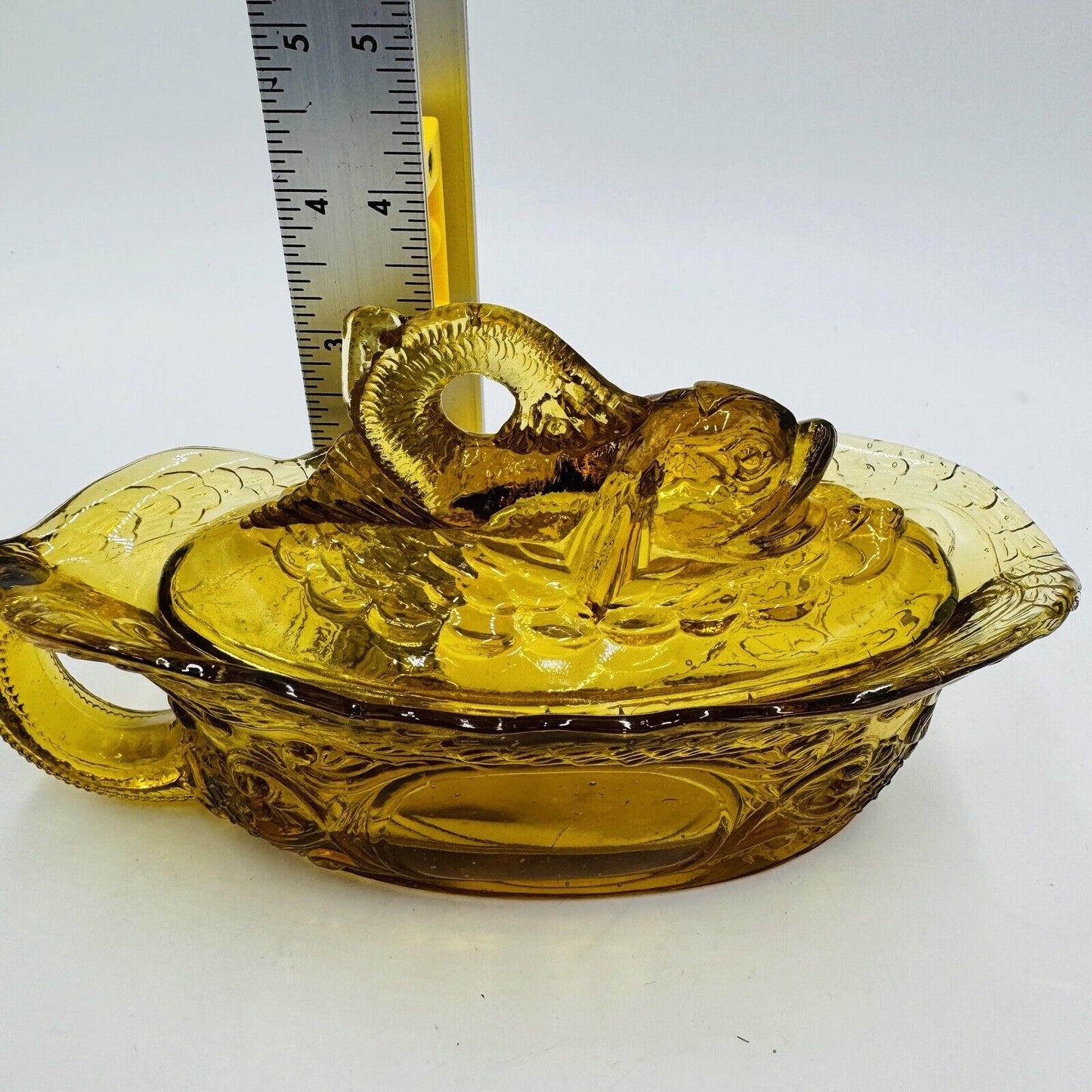 Gravy Boat Dish Dolphin Koi Fish Finial Amber Glass Lid Covered Bowl MCM