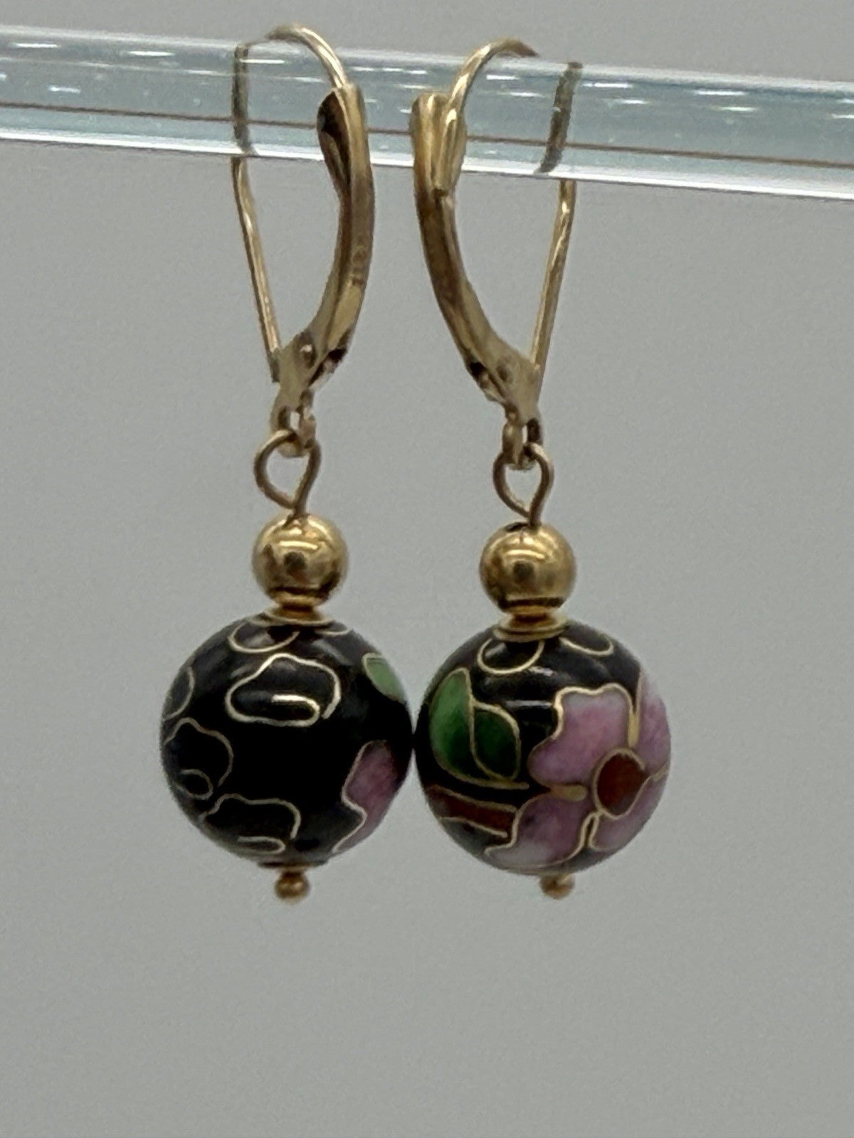 Vtg Pair of Earrings 14K Gold Cloisonne Flower Ball Drop Dangle Signed ZZ 585