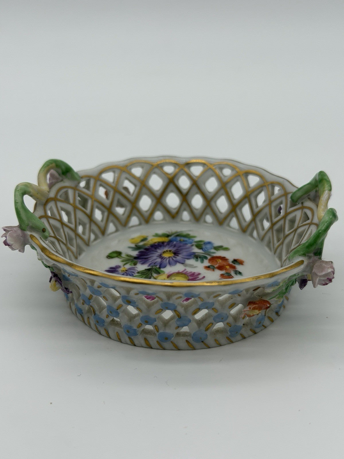 Antique Dresden Carl Thieme Pierced Reticulated Porcelain Floral Basket Dish Min