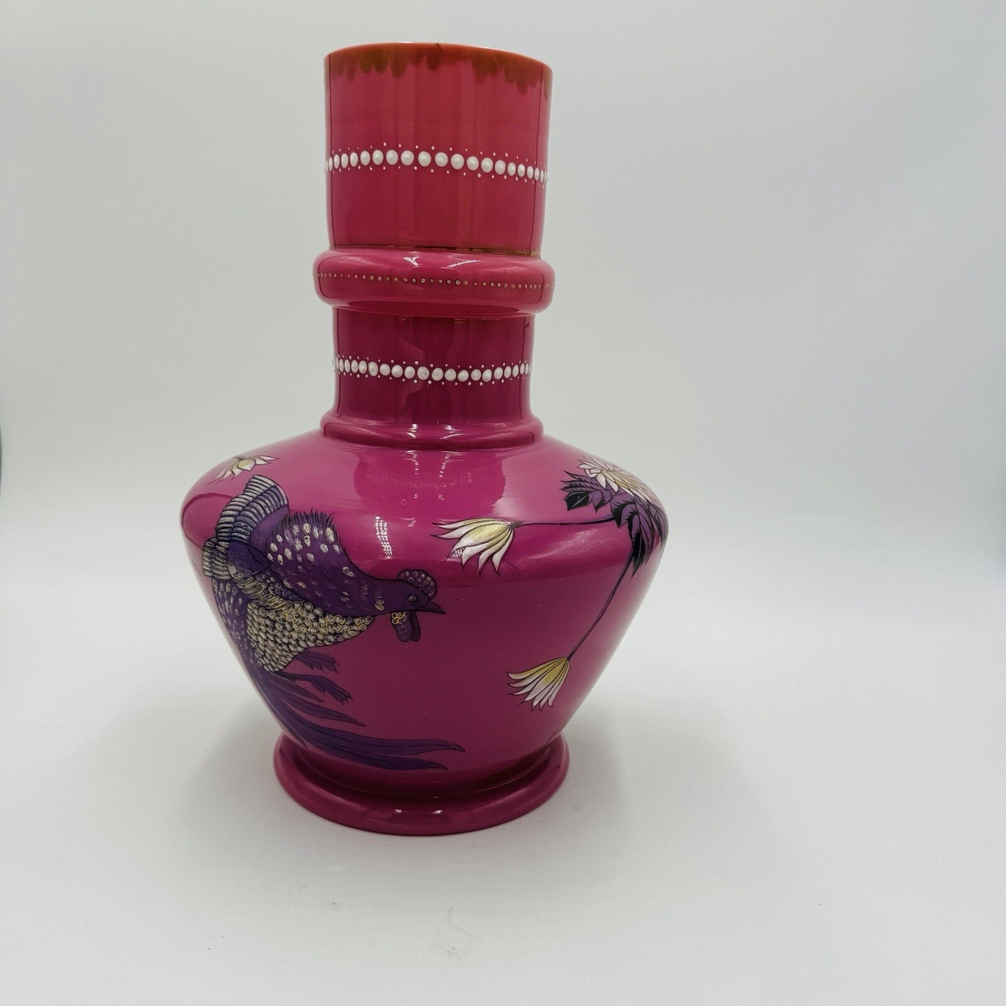 Victorian Aesthetic Pink Opaline Glass Vase Roosters Fighting Daisies Large Rare