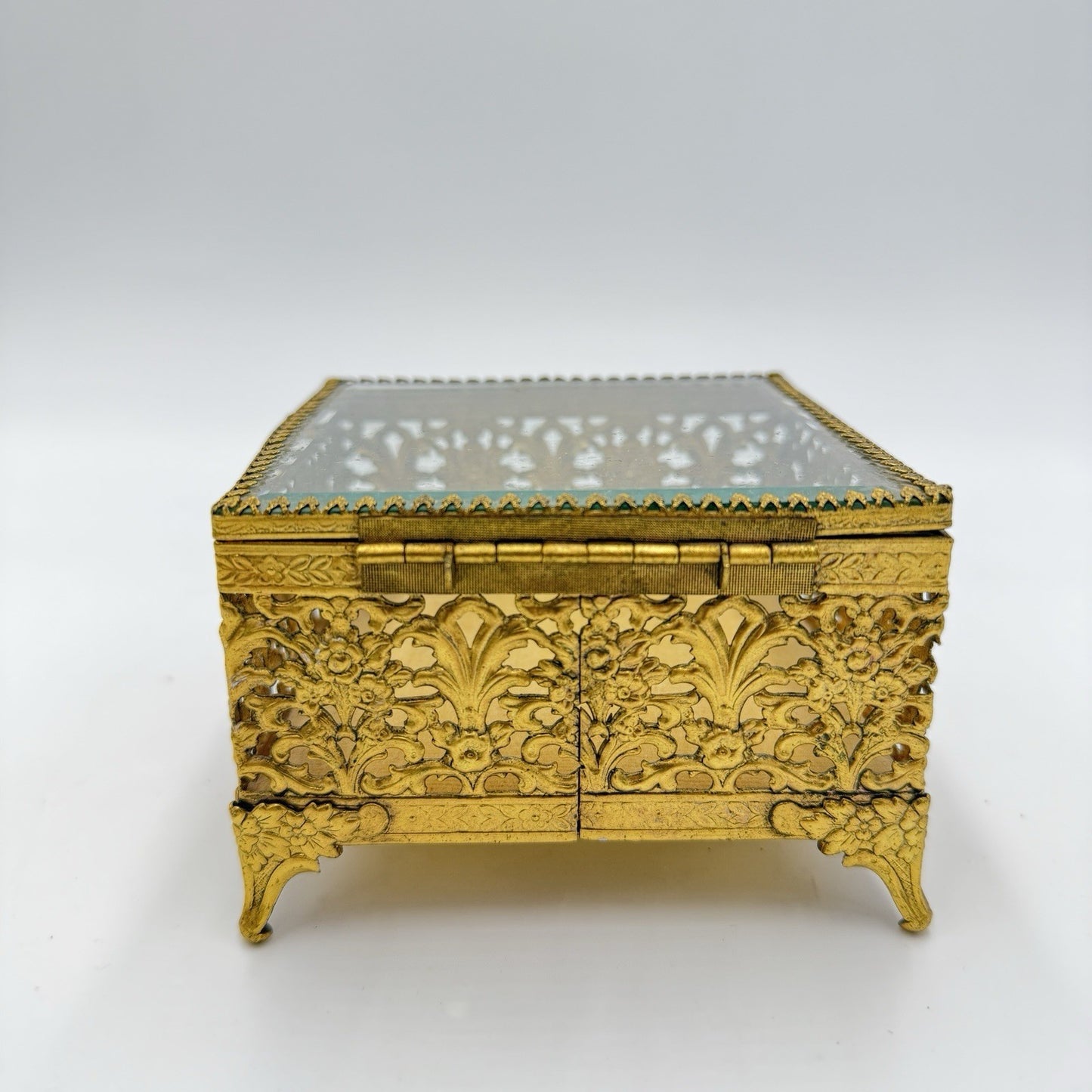 Ormolu gold filigree jewelry casket with beveled glass Hollywood Regency Box