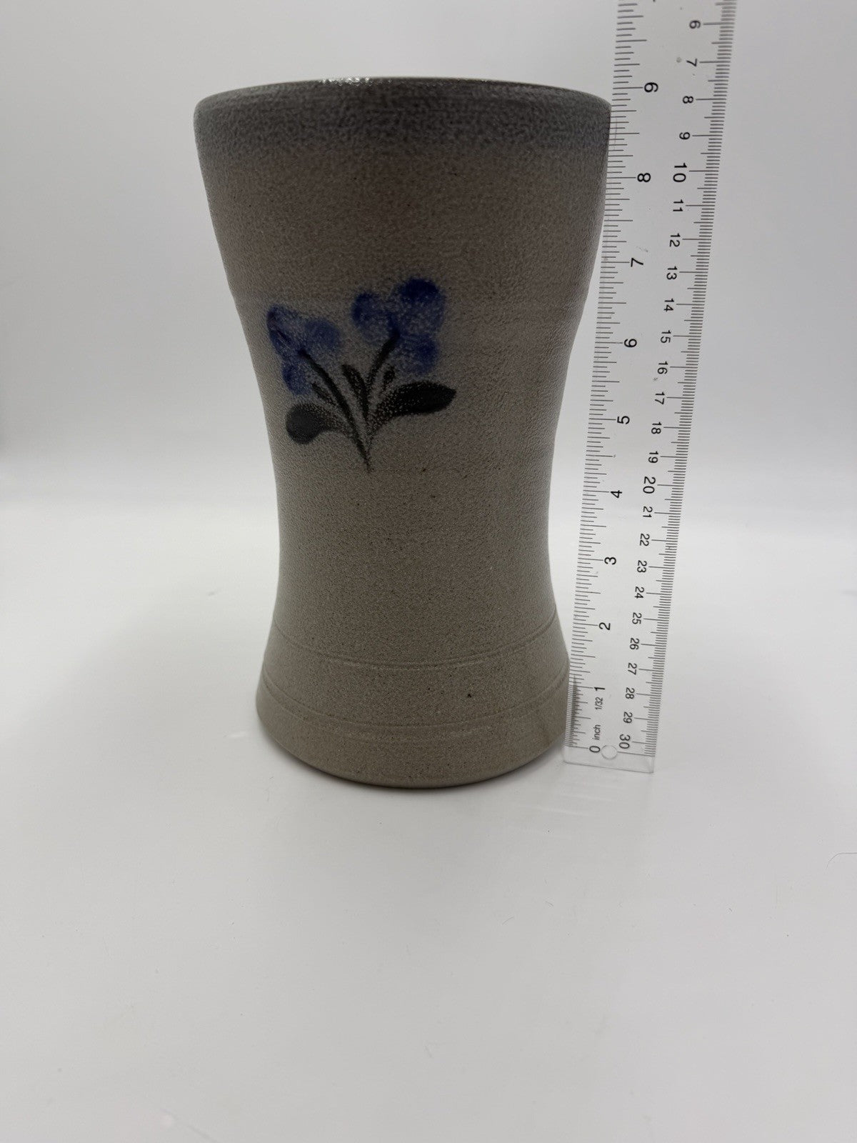 1995 Rowe Pottery Works Stoneware Blue Flowers  Design Salt Glaze Flower Vase 9”