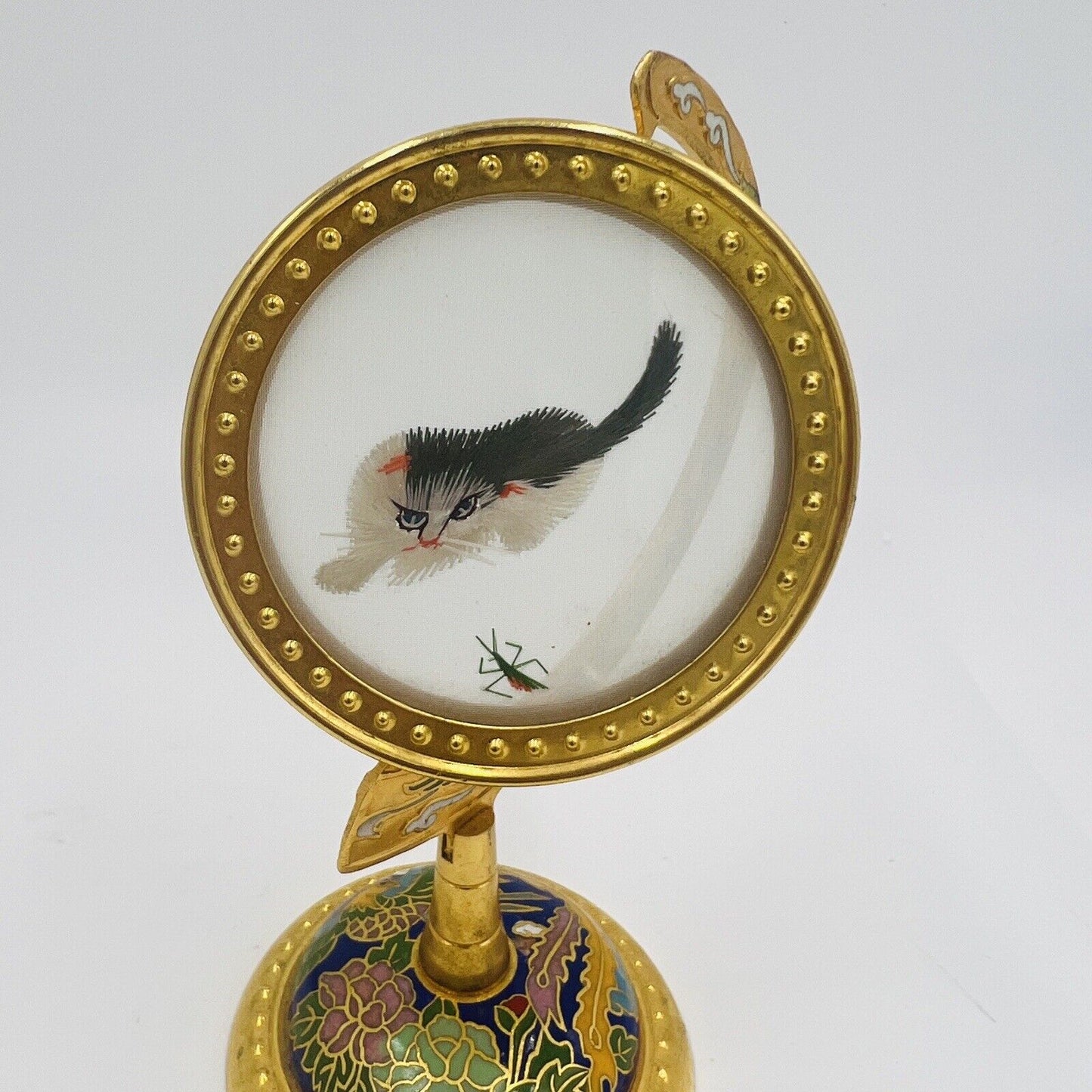 Chinese Globe Cloisonné Cat Stand Brass Embroidered Silk Gold Tone Spin Decor