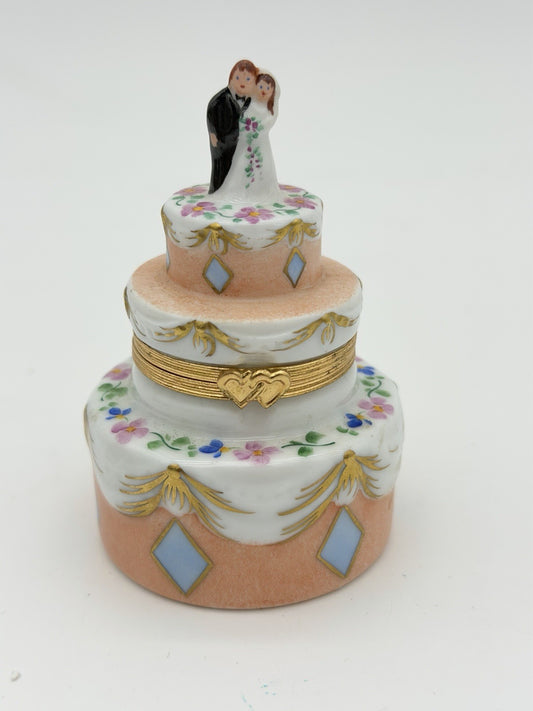 Limoges France Porcelain Trinket Ring Box Wedding Cake Bride Groom Vtg