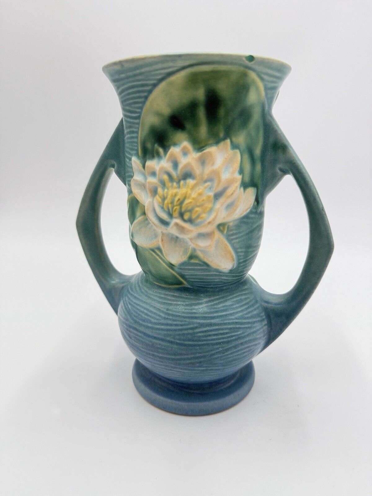 1943 Roseville Art Pottery USA 74-7 Blue Water Lilly 7” Vase Embossed Vtg (flaw)