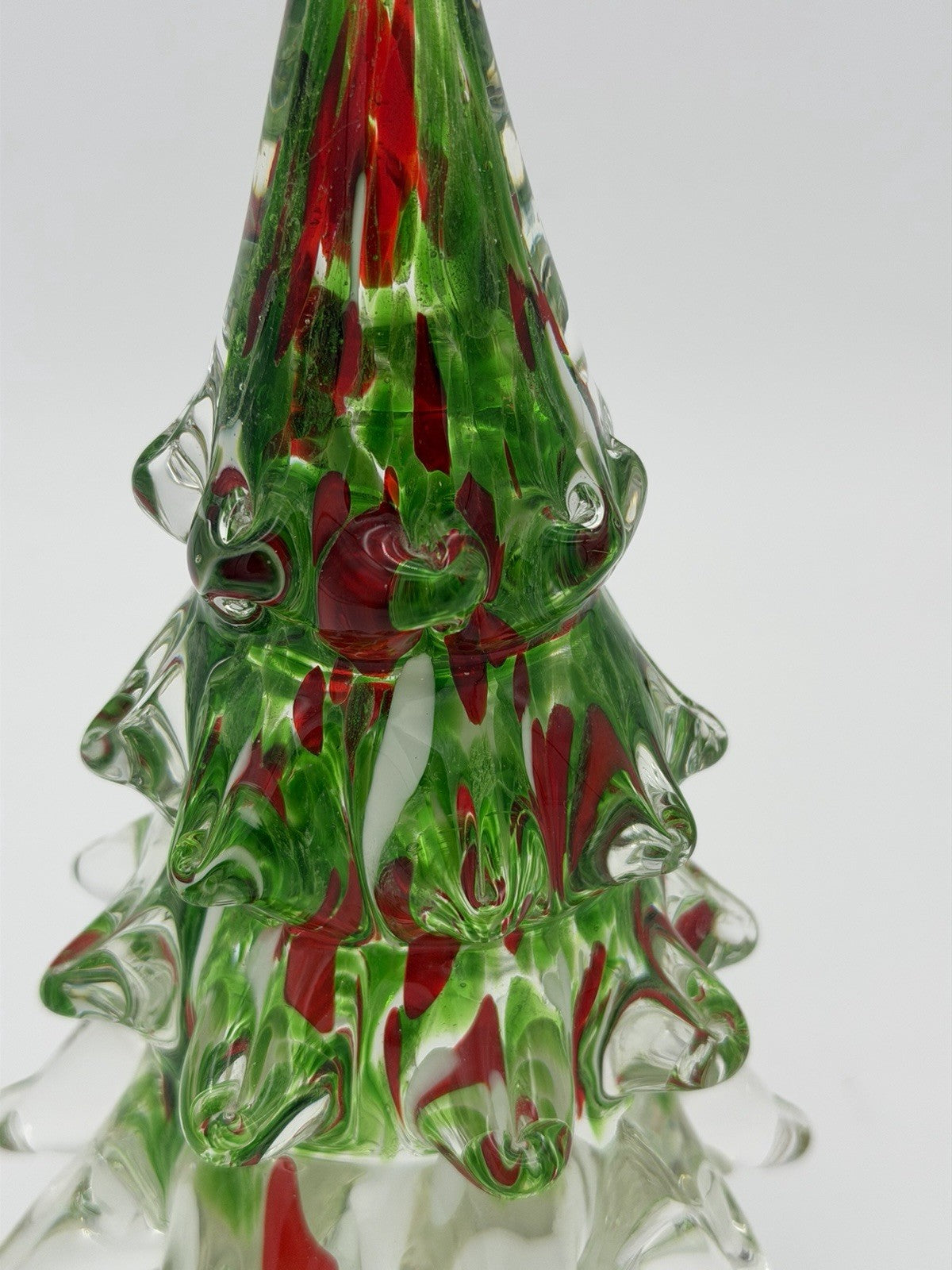 Vtg Hand Blown Art Glass Christmas Tree 9.5”H Green & Red Paperweight Figurine