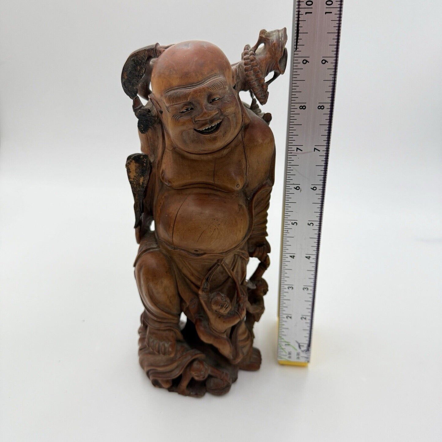 Antique Fine Hand Carved Laughing Buddha Chinese Figurine Folk Art 9.5” Solid