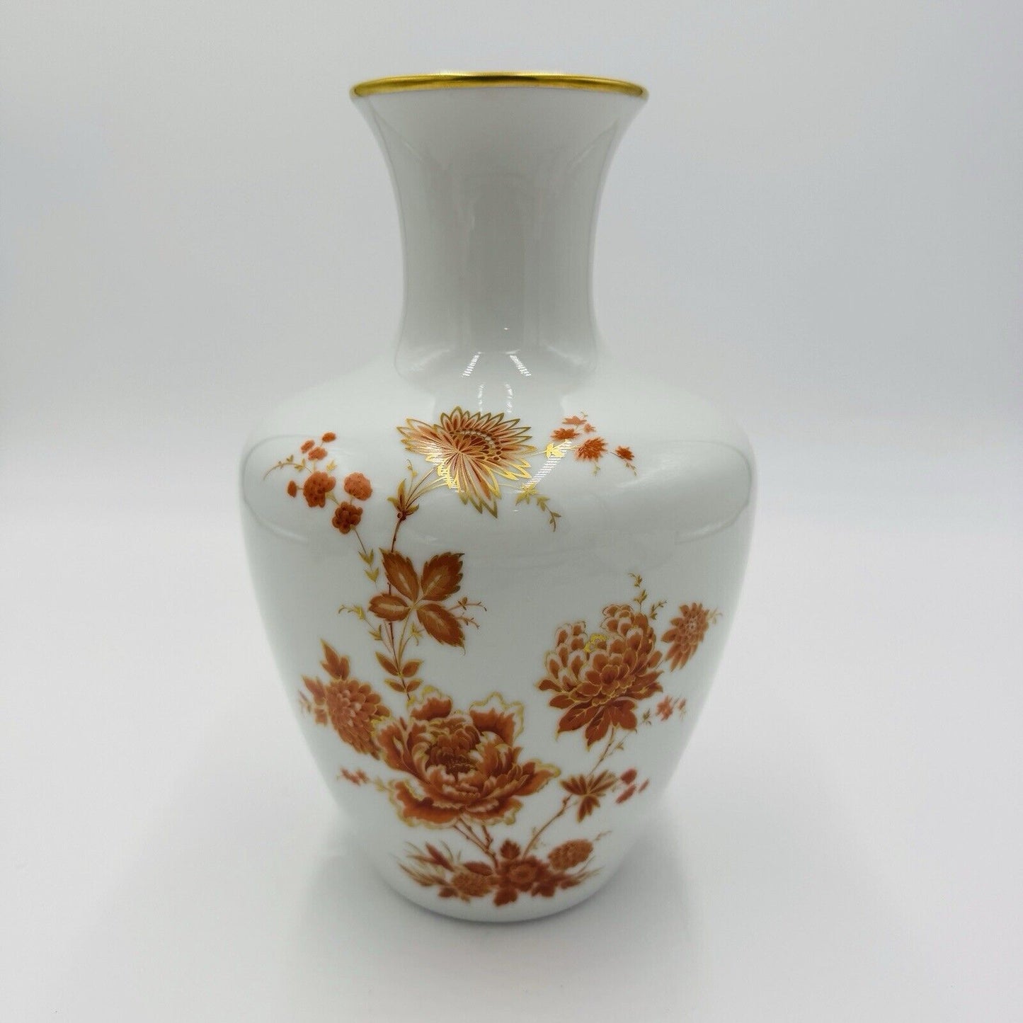 Rare Kaiser Germany Porcelain Floral Burgund Bud Vase 8.5”H Vintage Gold Rim