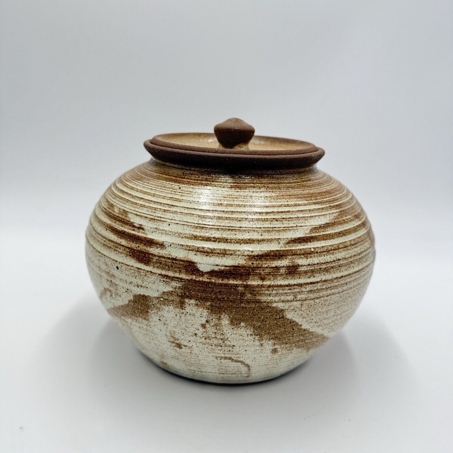 Vintage Lake Superior Art Studio Pottery Jar speckled brown ombre glaze Lidded