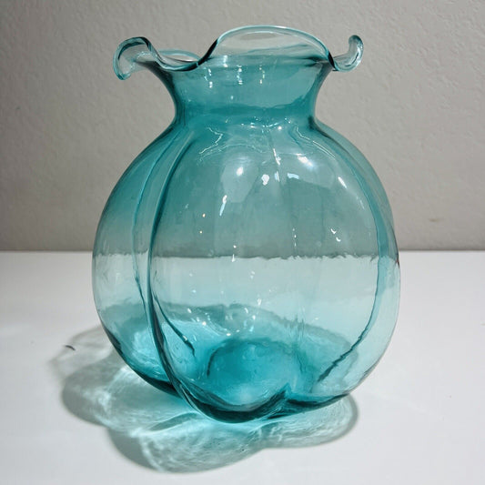 Vase Melon Shape Blue 1950 Vintage Home Decor Art Glass Round Teal