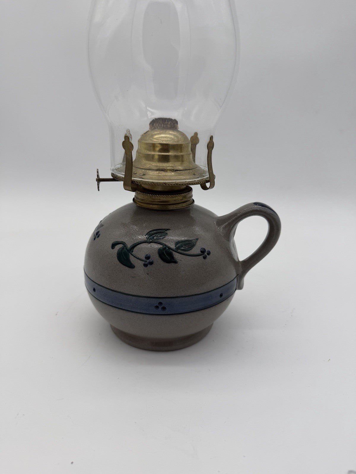 Rare Rowe Pottery Works Salt Glazed USA Oil Lamp Floral Pattern Painted 15”