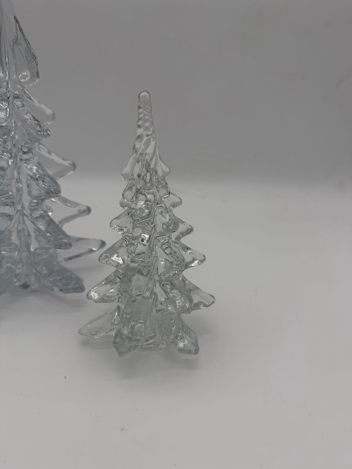 Vintage Silvestri Handcrafted Clear Art Glass Christmas Trees 10.5”&6” Figurines