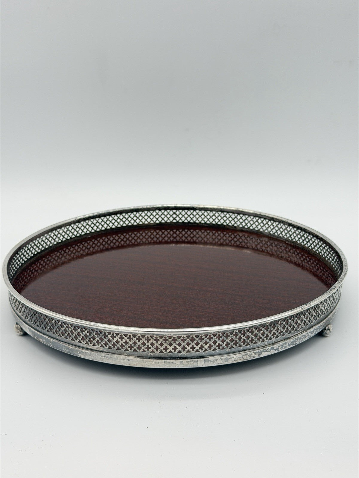 Crescent Silversmith Co Wood Laminate Reticulated Serving Tray Silver plated Bar