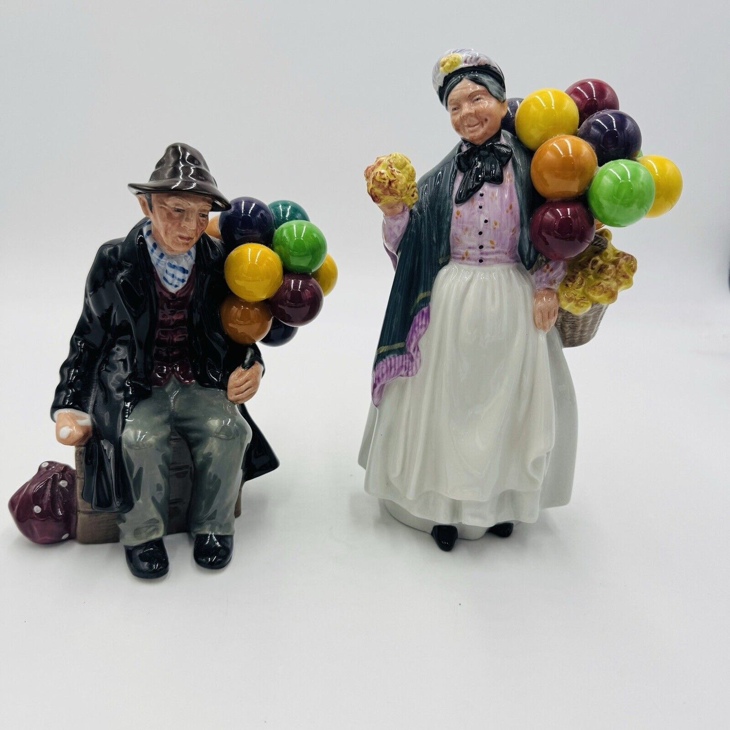 Vintage Royal Doulton England Porcelain Ballon Man & Biddy Pennyfarthing Figures