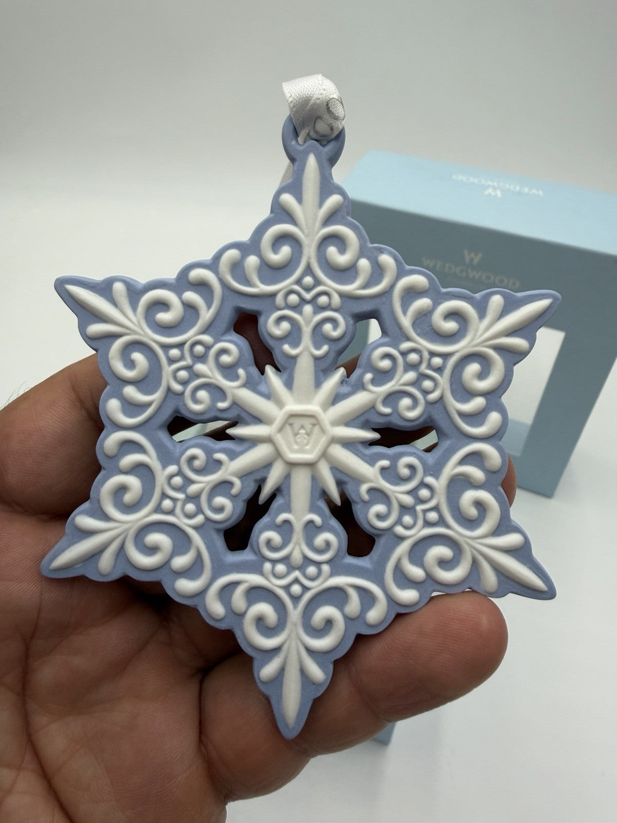 Wedgwood Jasperware White Blue Pierced Snowflake Christmas Ornament