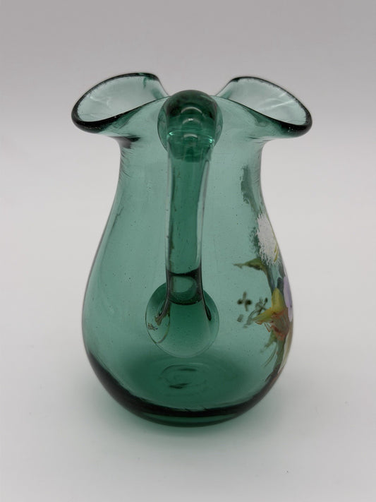 Vintage Joe Deanda Art Glass Pitcher Green Painted Pansies 4.5”H