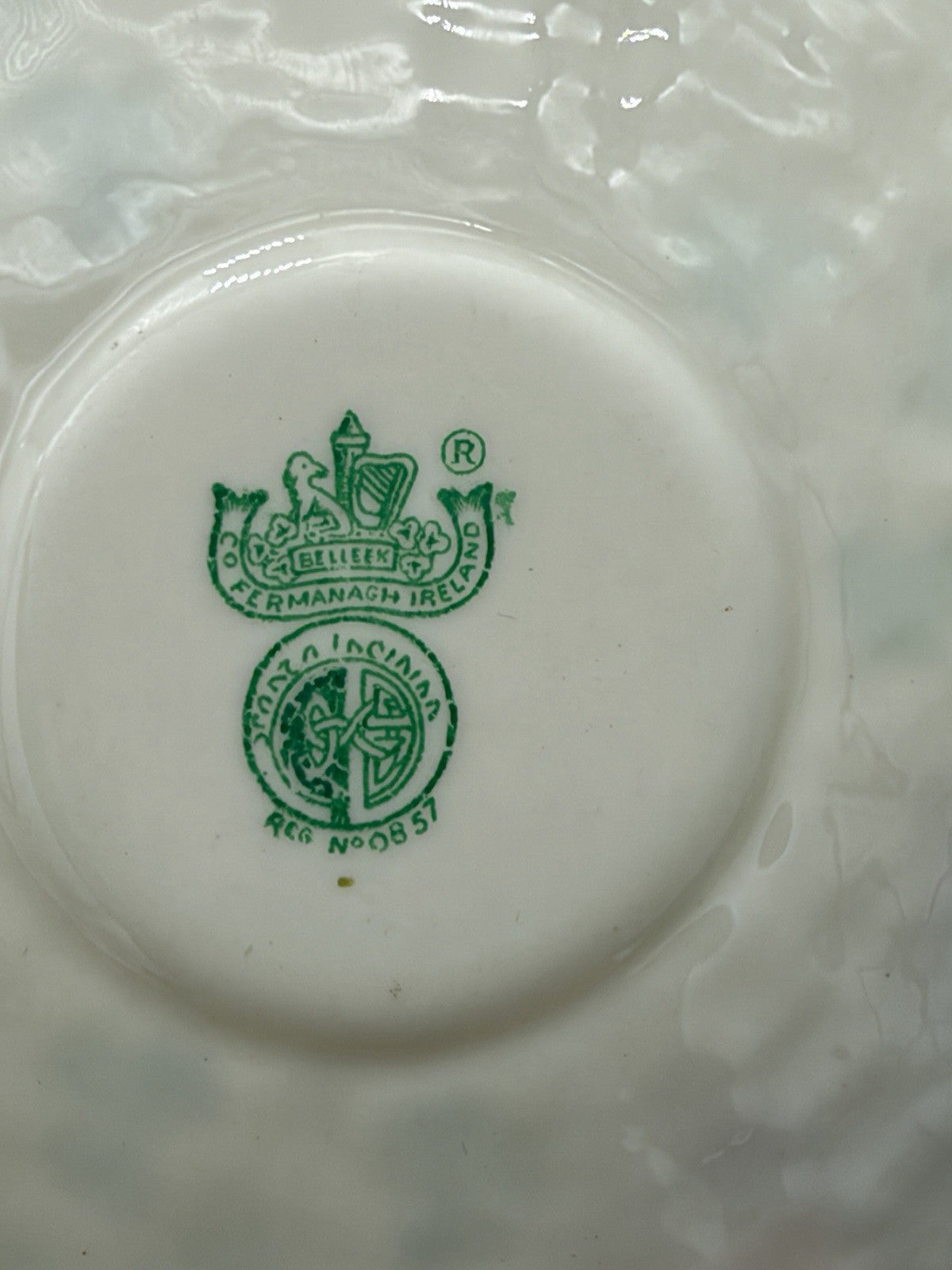 Belleek Irish Porcelain Shamrock Teacup & Saucer 5th Green Mark 1955–1965