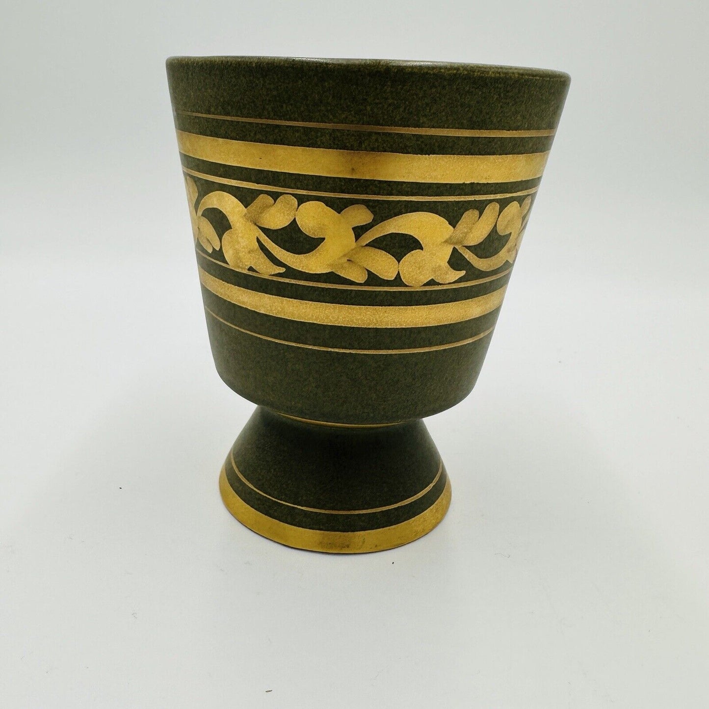 Vee Jackson Vase California Pottery Footed Planter Green Gold Trim MCM