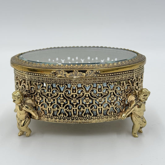 Vintage Gold Filigree Oval Ormolu casket Hollywood Regency style Cherubs Footed