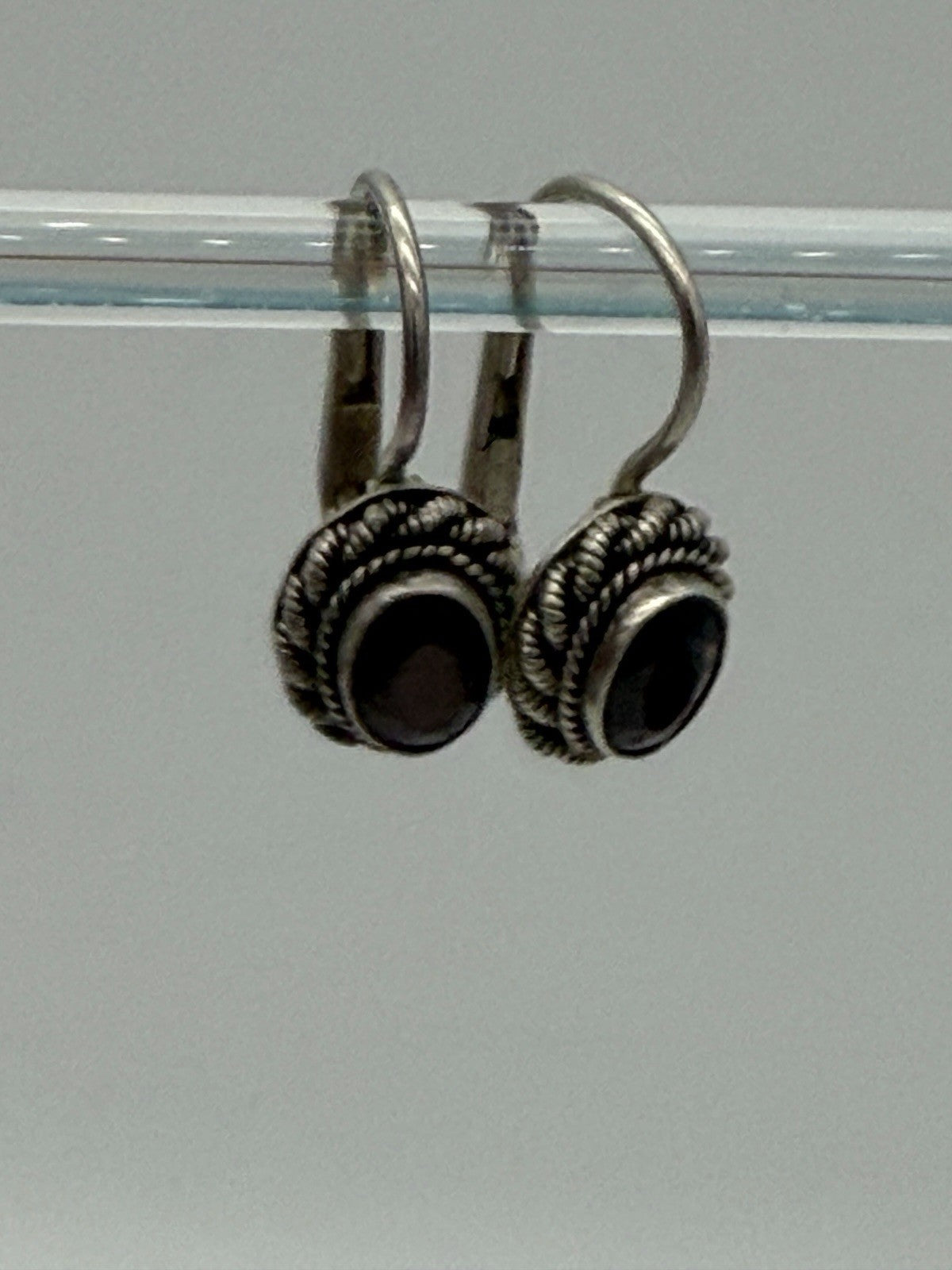 Sterling Silver Drop Earrings with Garnet Gems braided filigree halo 925