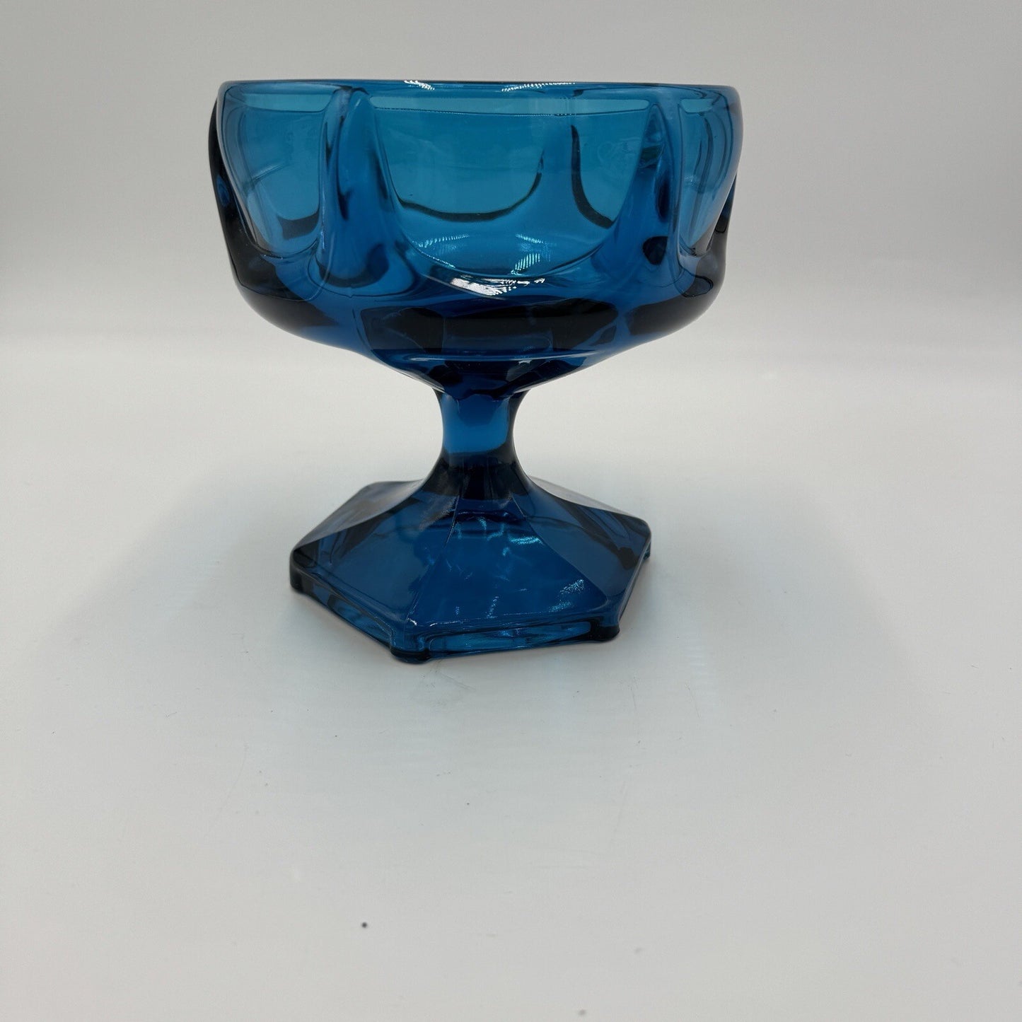MCM Viking Candy Dish Blue Art Glass 1960s Bluenique Pedestal 6in Beautiful