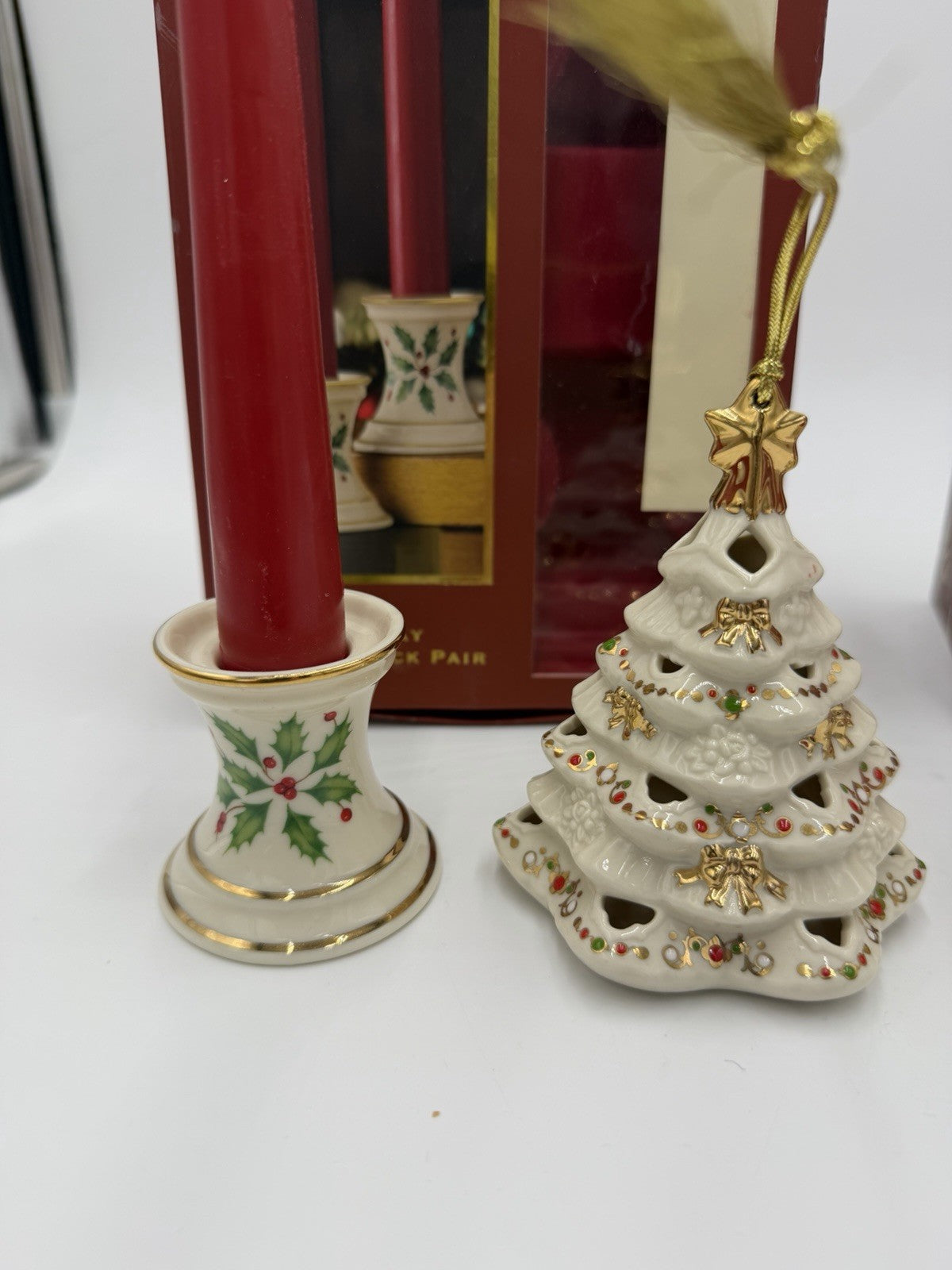 Lenox USA Porcelain Holiday Tapers Candlesticks & Bejeweled Tree Ornament