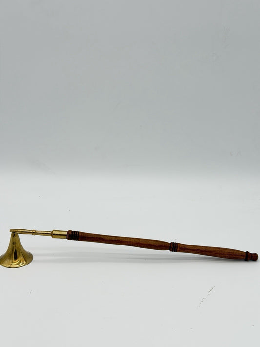 Vintage Brass /Wood Carved Handle Candle Snuffer 12” Retro Mid Century