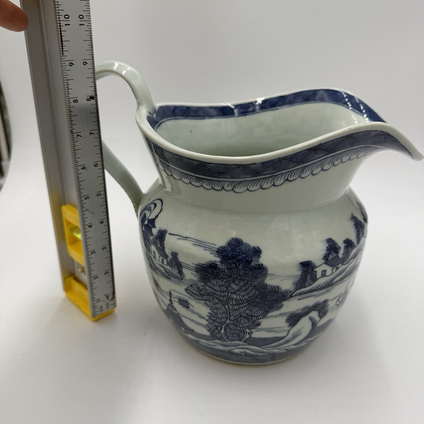Antique Chinese Blue & White Canton Export Porcelain Large Pitcher 9”H x12” L