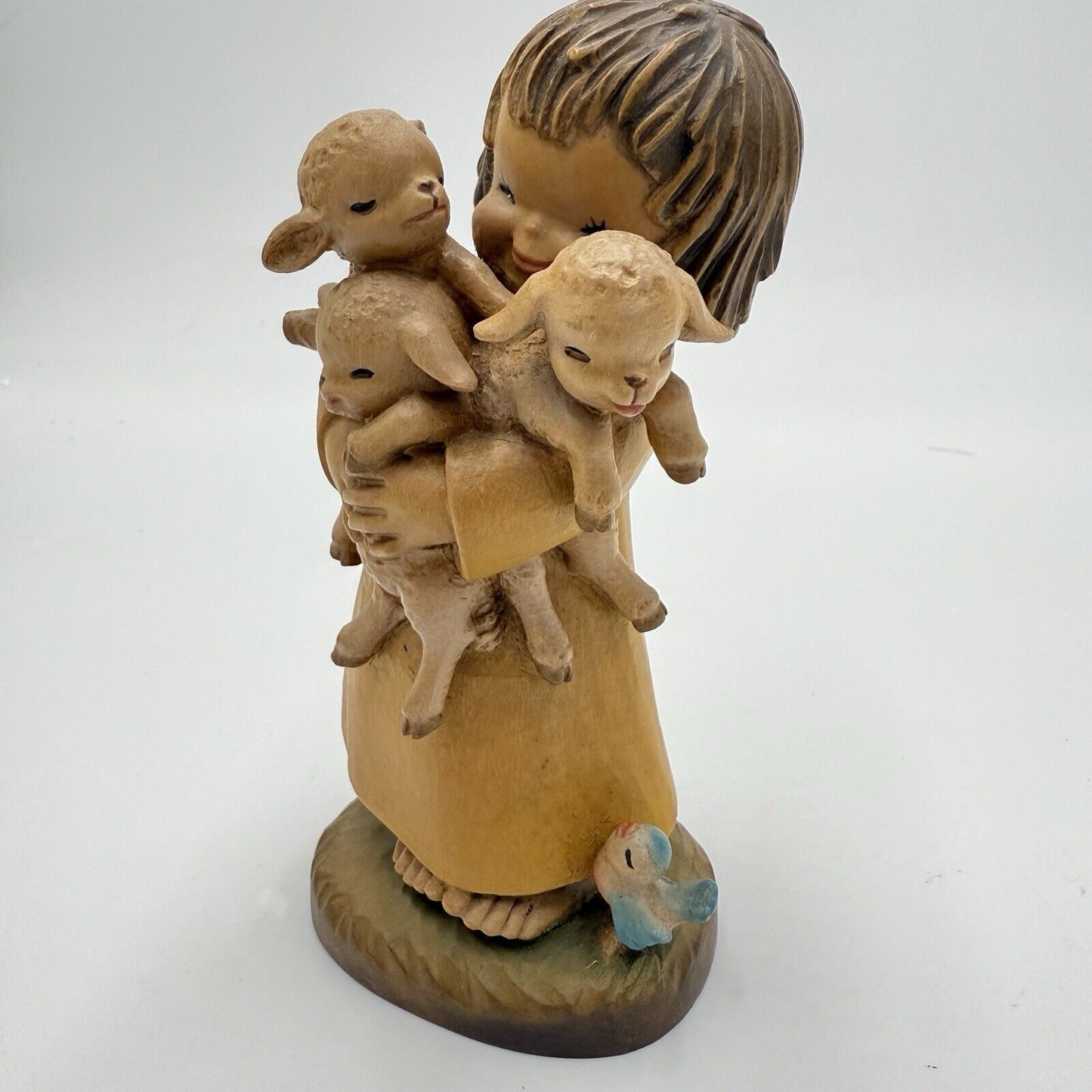 Vtg ANRI FERRANDIZ 5” Wood Carved Figurine Spring Arrivals Girl W/lambs Italy