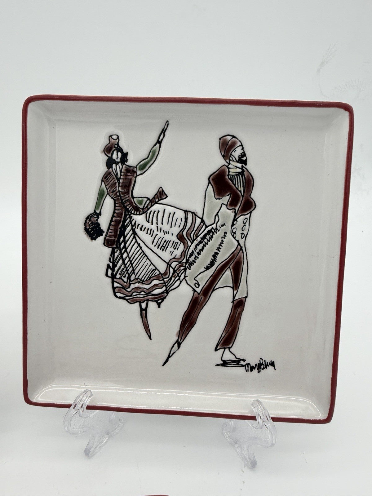 Rare Mary Blair Signed Stoneware Square Skating On Ice Trays Victorian Couples