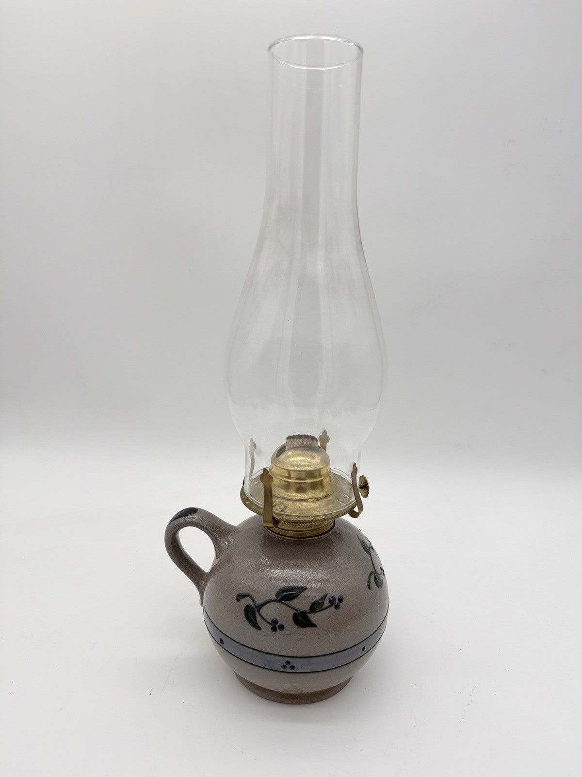 Rare Rowe Pottery Works Salt Glazed USA Oil Lamp Floral Pattern Painted 15”