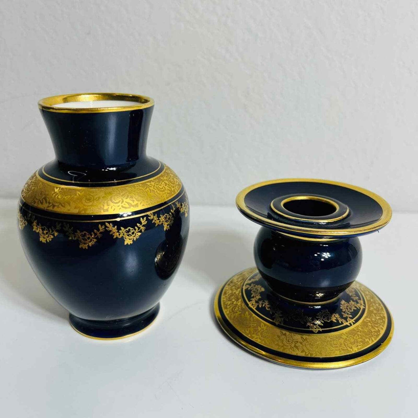 Lindner Kueps Vase Candle Holder Blue Cobalt Set Germany Home Decor Bavaria