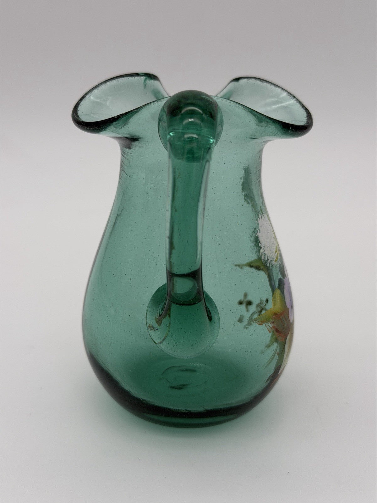 Vintage Joe Deanda Art Glass Pitcher Green Painted Pansies 4.5”H