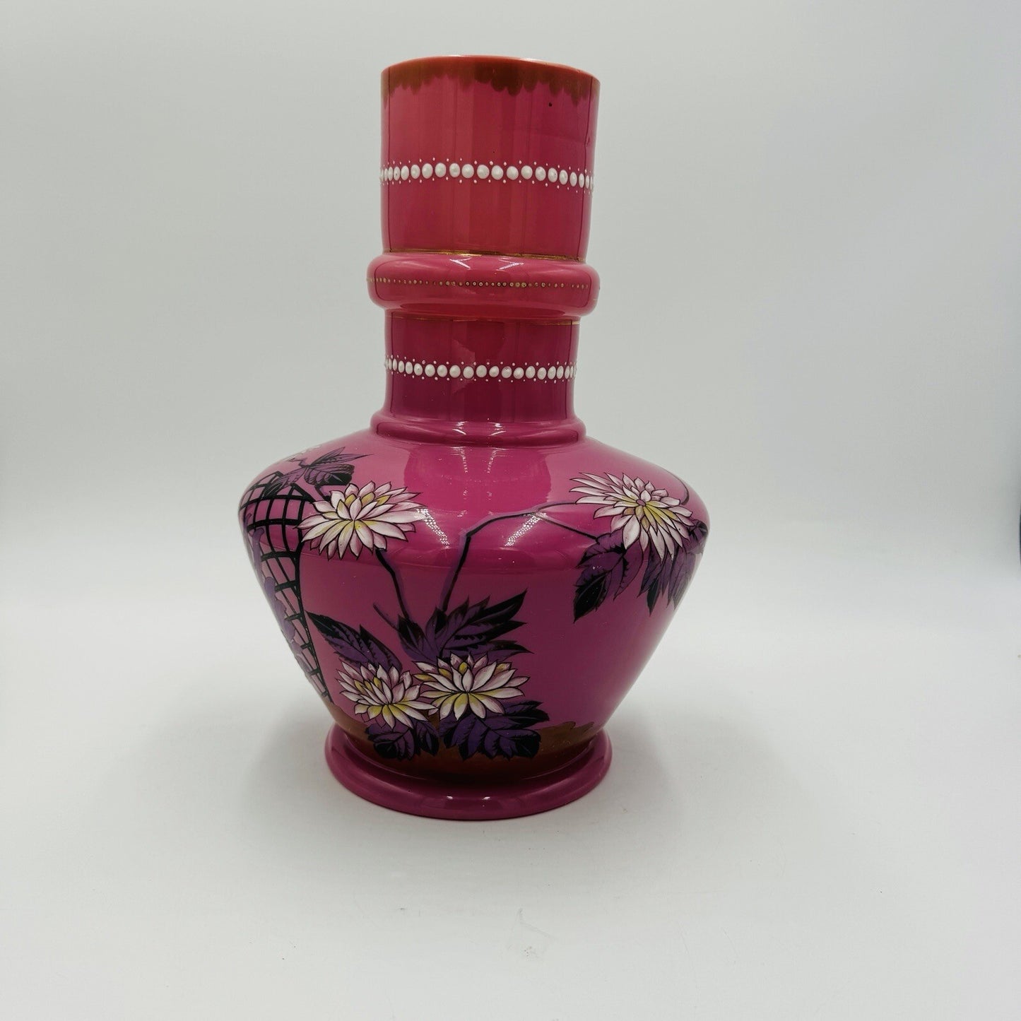 Victorian Aesthetic Pink Opaline Glass Vase Roosters Fighting Daisies Large Rare