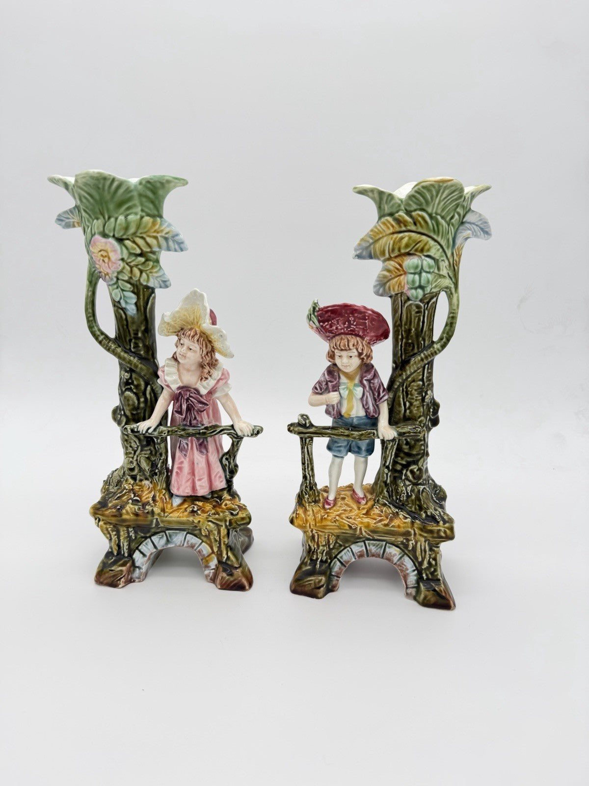 Antique Brothers Urbach Teplitz Bohemian Austrian Majolica Boy Girl Vase 11”